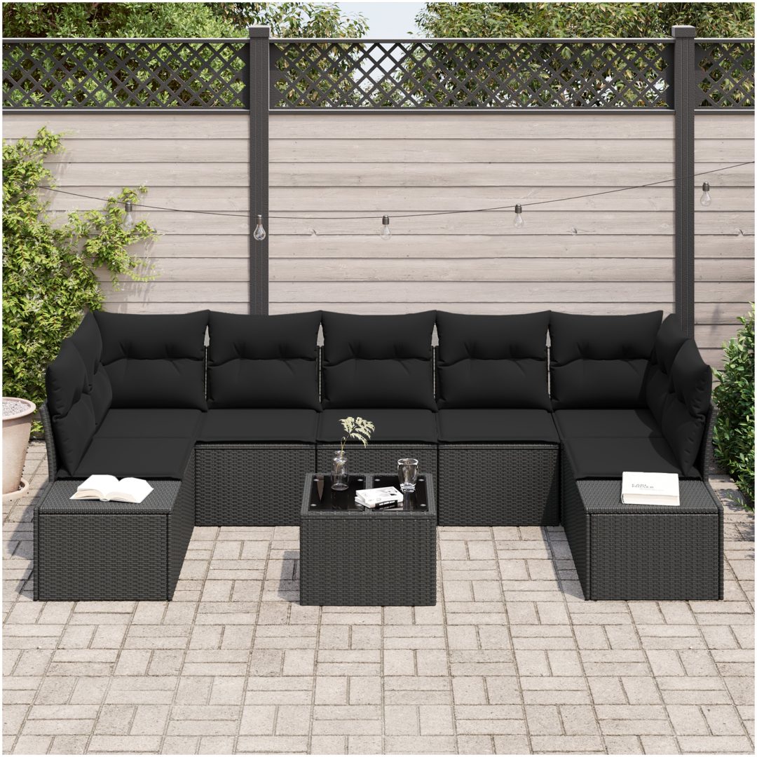8-delars trädgårdsoffa med kuddar svart poly rattan vidaXL 55 x 55 x 37 cm – bild 3