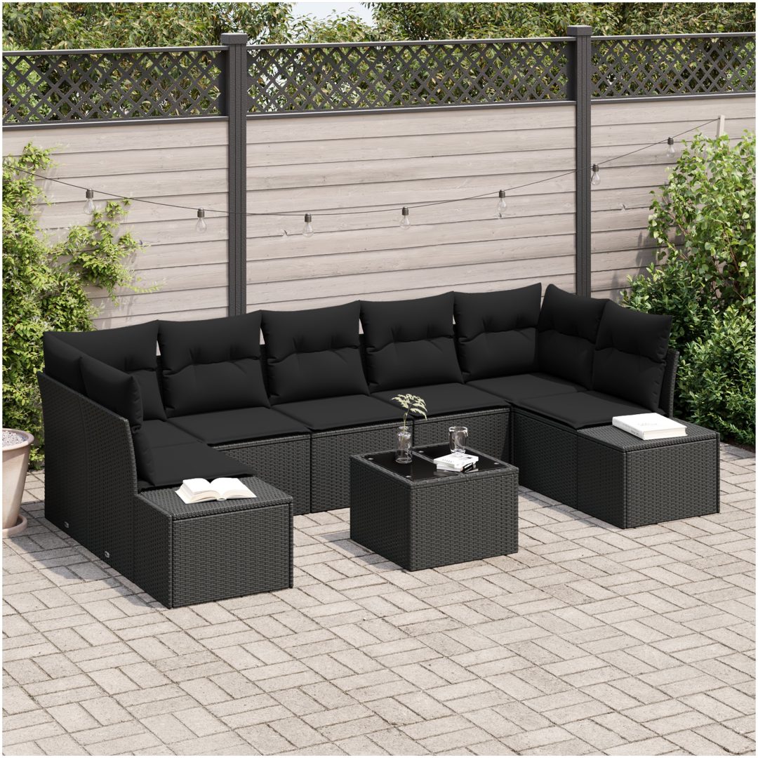 8-delars trädgårdsoffa med kuddar svart poly rattan vidaXL 55 x 55 x 37 cm