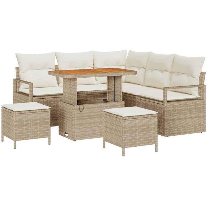 8-delars Trädgårdsoffa Set med kuddar Beige Poly Rattan Akacia vidaXL Stor – bild 2