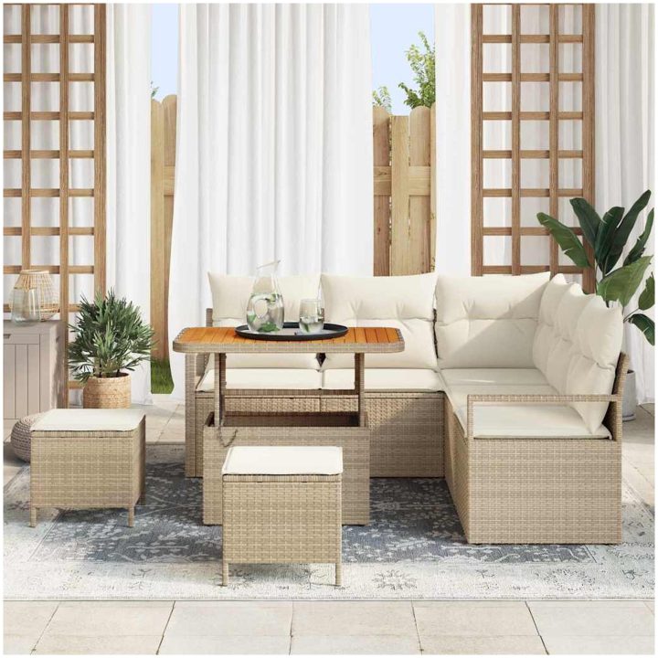 8-delars Trädgårdsoffa Set med kuddar Beige Poly Rattan Akacia vidaXL Stor – bild 3
