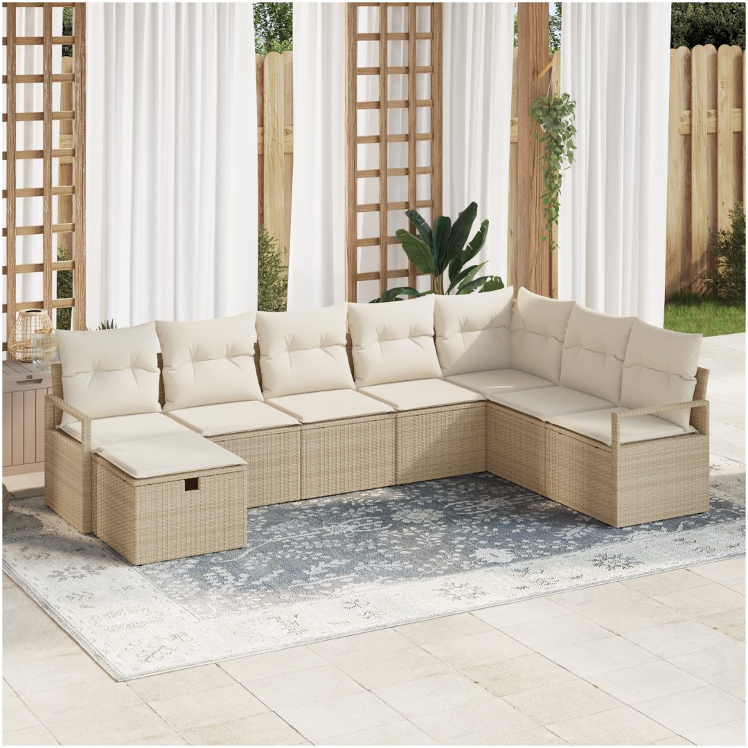 8 Delars Trädgårdsoffa set med kuddar Beige Poly Rattan vidaXL Stor