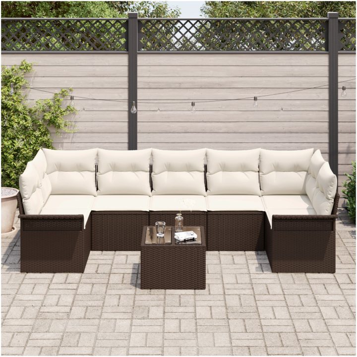 8-delars Trädgårdsoffa Set med Kuddar Brun Poly-Rotting vidaXL 55 x 55 x 37 cm – bild 3