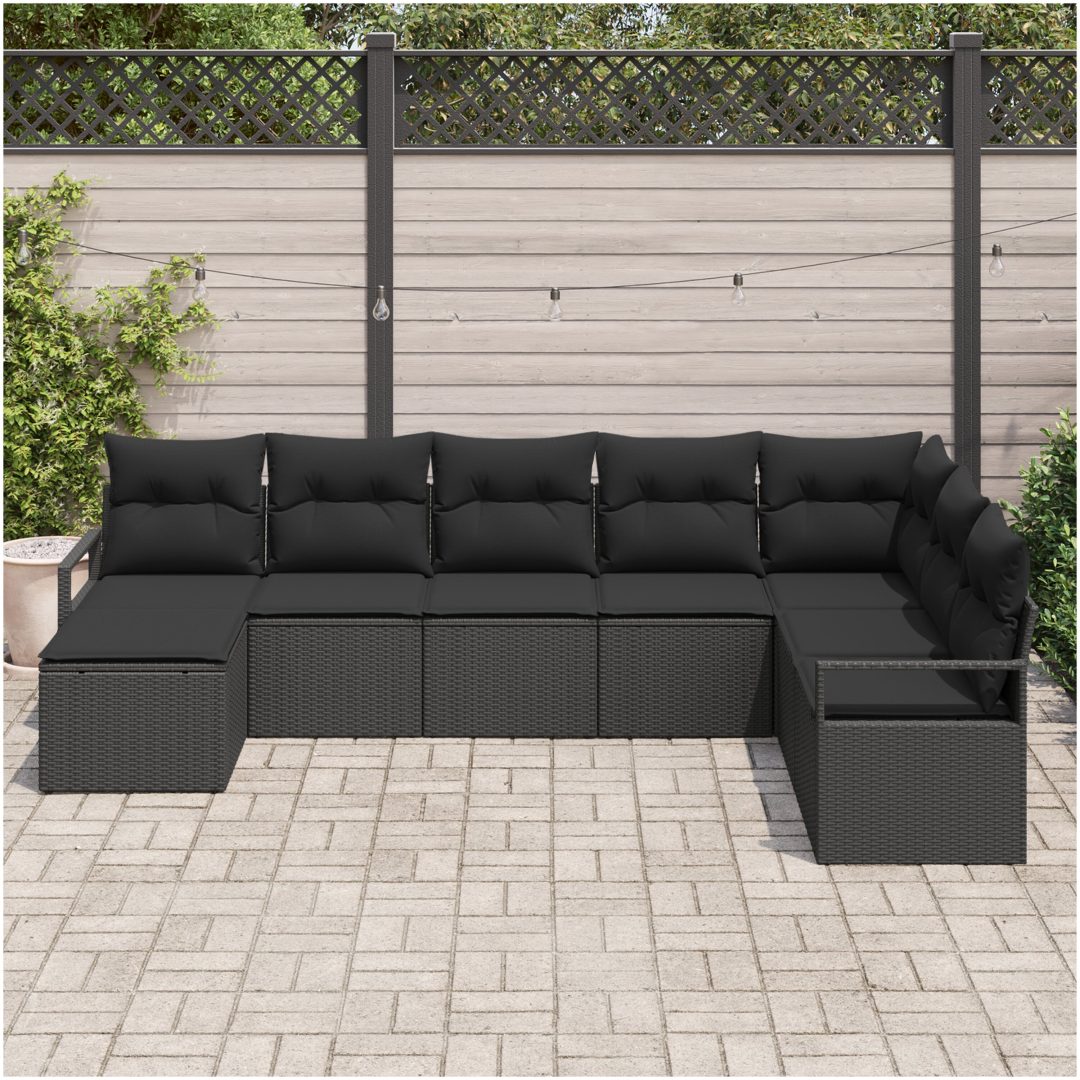 8-delars trädgårdsoffa set med kuddar svart poly rattan vidaXL Stor – bild 3