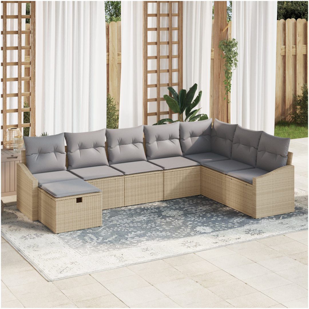 8-delars trädgårdsoffagrupp med beige kuddar i poly-rotting vidaXL 288,5 x 178,5 x 85 cm