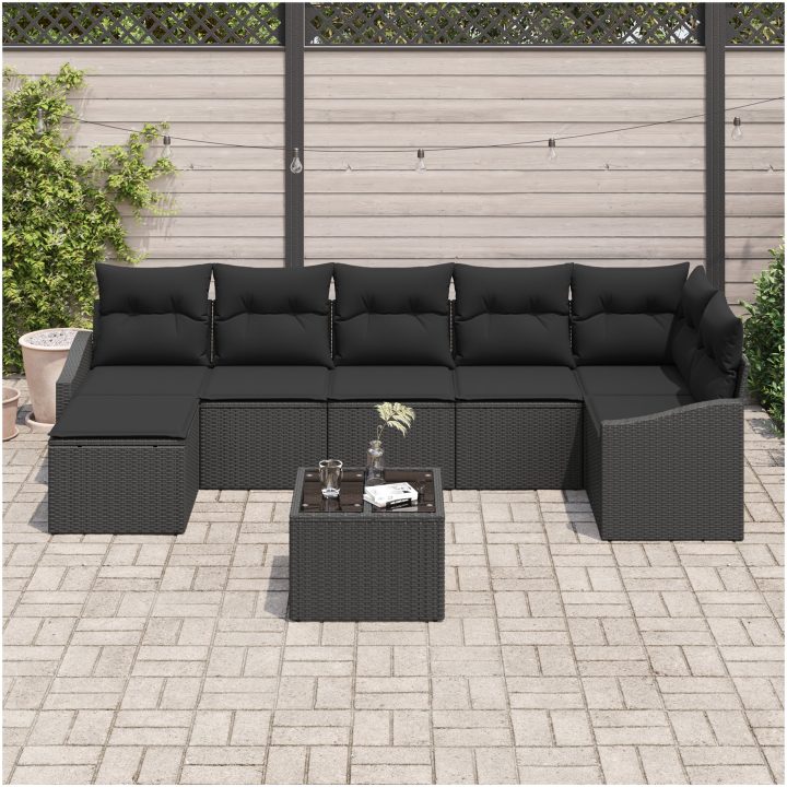 8-delars trädgårdsoffagrupp med kuddar Beige Poly rotting vidaXL 288.5 x 123.5 x 85 cm – bild 3