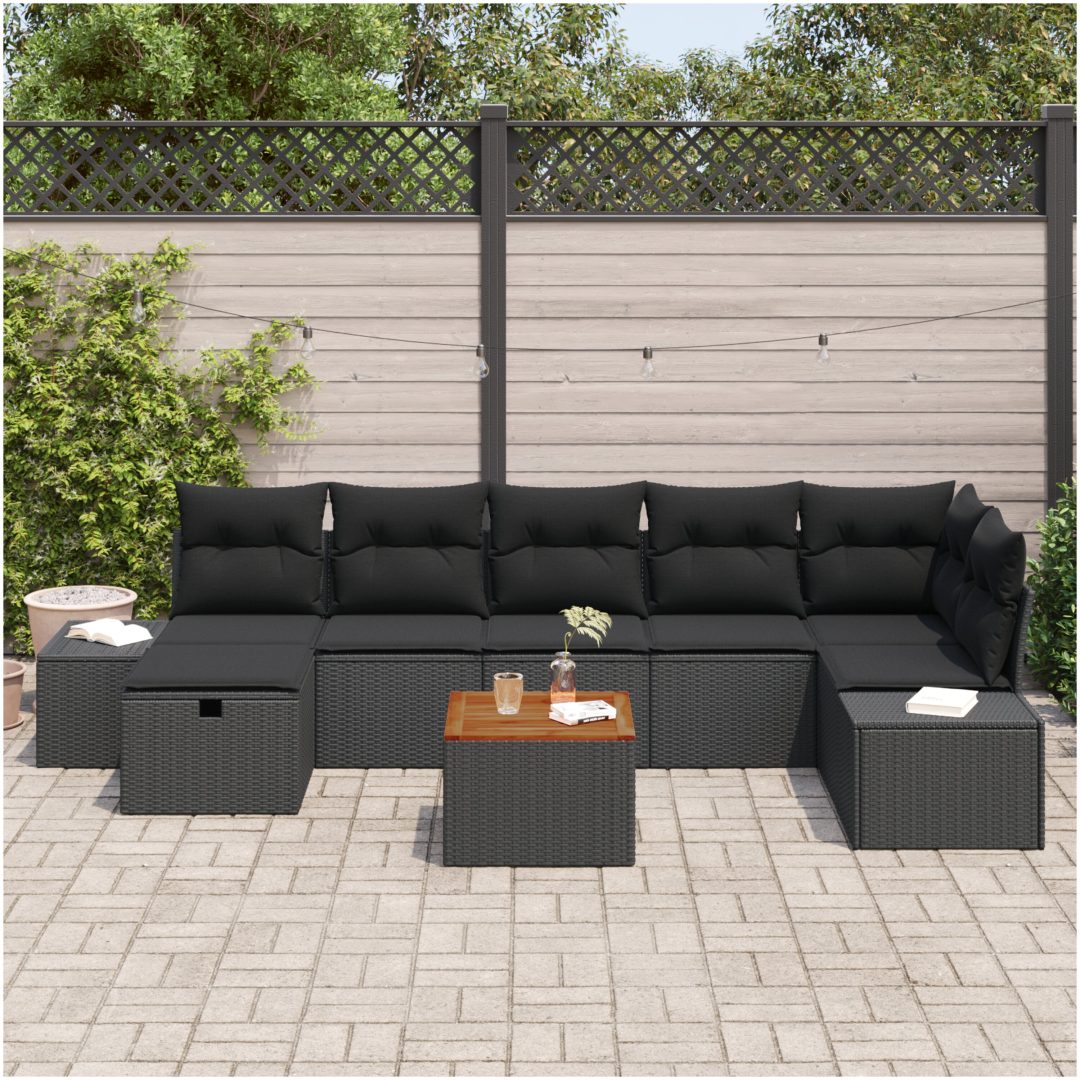 8-delars Trädgårdsoffagrupp med Kuddar Svart Poly Rattan vidaXL 55 x 55 x 37 cm – bild 3