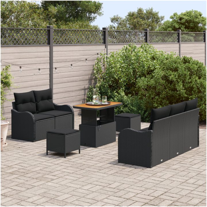 8-delars trädgårdsoffakollektion med kuddar svart poly rattan akacia vidaXL Medium – bild 3