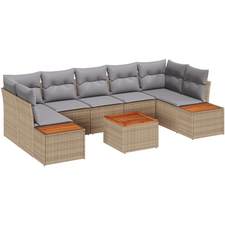8-delars trädgårdsoffan med kuddar i beige poly-rattan och akacia. vidaXL 55 x 55 x 37 cm – bild 2