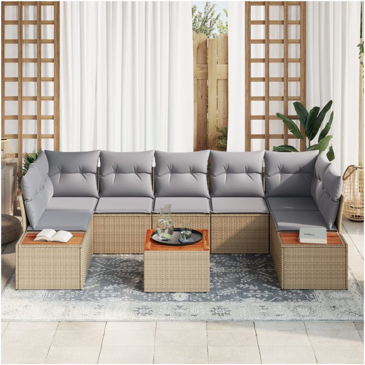 8-delars trädgårdsoffan med kuddar i beige poly-rattan och akacia. vidaXL 55 x 55 x 37 cm – bild 3