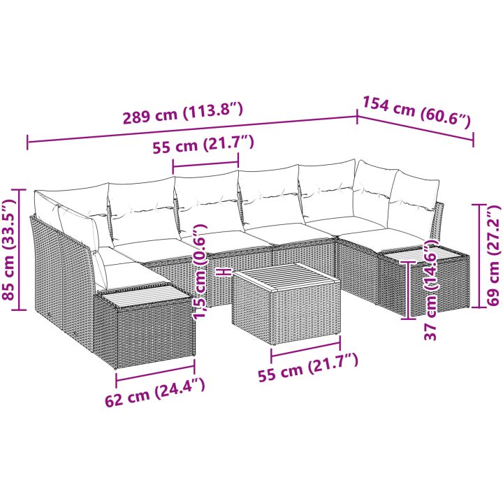 8-delars trädgårdsoffan med kuddar i beige poly-rattan och akacia. vidaXL 55 x 55 x 37 cm – bild 9
