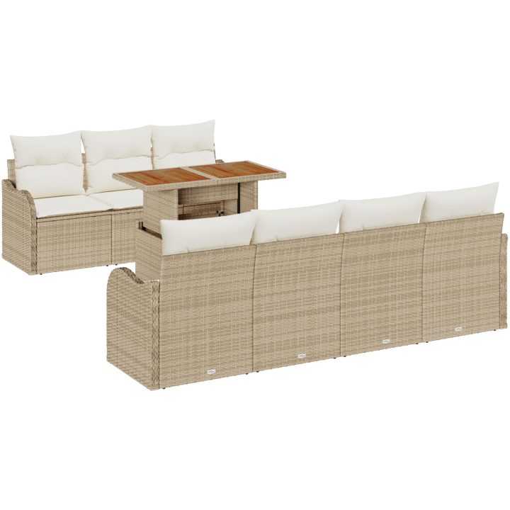 8-delars trädgårdsoffapset med kuddar beige poly rattan akacia vidaXL Stor – bild 2