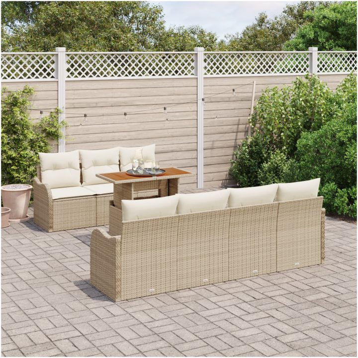 8-delars trädgårdsoffapset med kuddar beige poly rattan akacia vidaXL Stor – bild 3