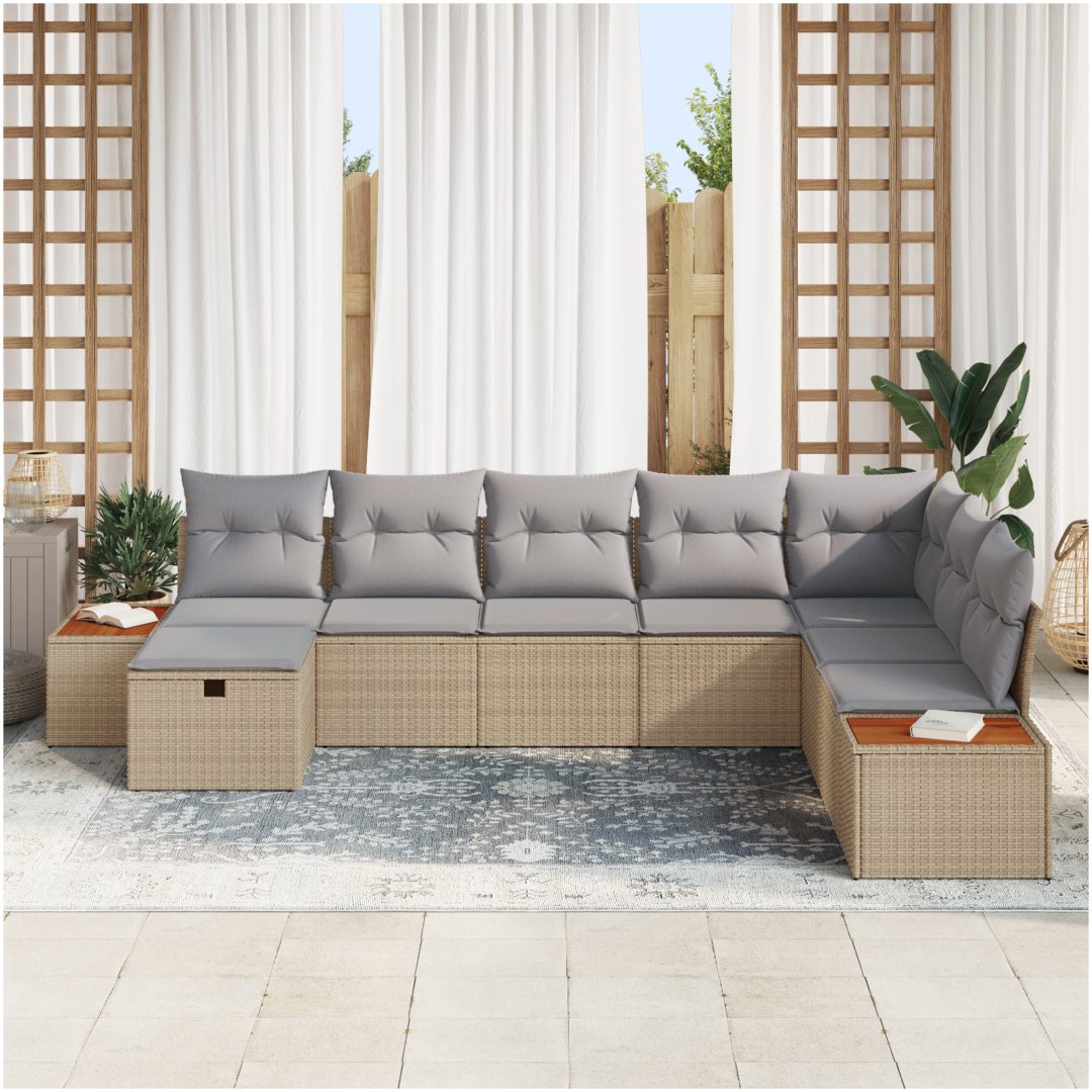 8-delars trädgårdsoffas med kuddar i beige poly-rattan. vidaXL 319 x 209 x 85 cm – bild 3