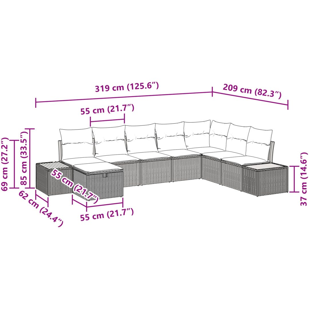 8-delars trädgårdsoffas med kuddar i beige poly-rattan. vidaXL 319 x 209 x 85 cm – bild 10