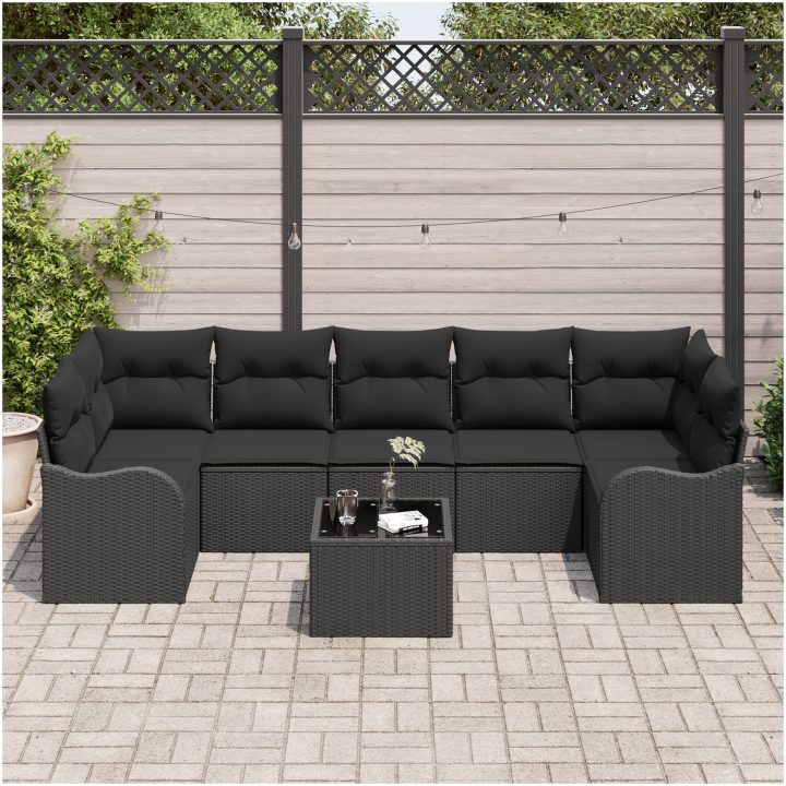 8-delars trädgårdsoffasats med kuddar svart poly rattan vidaXL Medium – bild 3