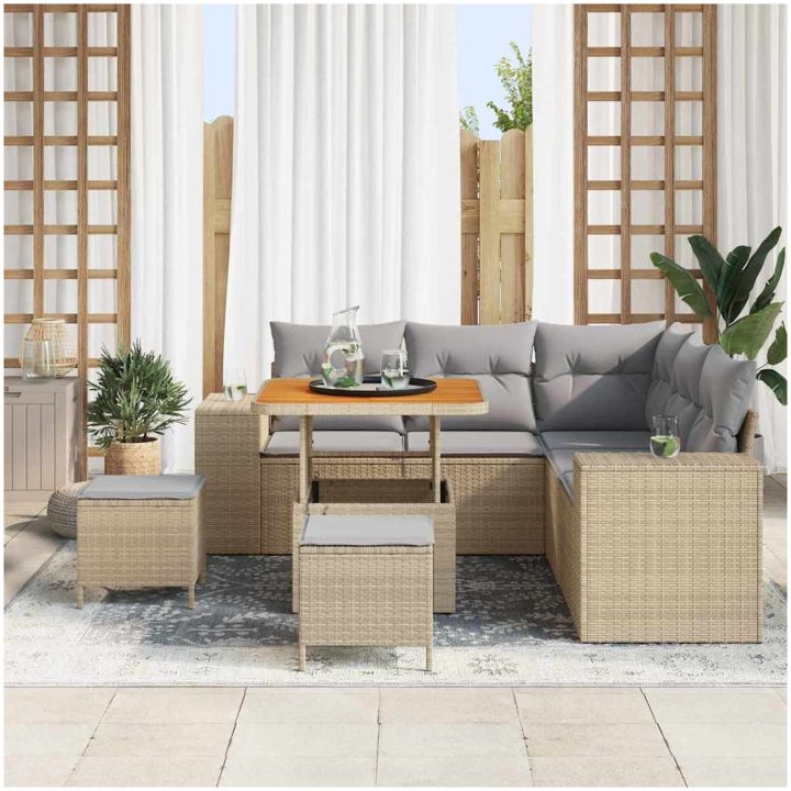 8-delars trädgårdsoffaset med dynor Beige Poly Rattan Akacia vidaXL Medium – bild 3