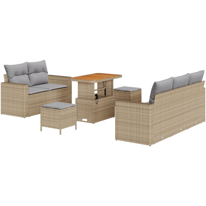 8 delars trädgårdsoffaset med kuddar beige poly konstrotting och akacia vidaXL Stor – bild 2