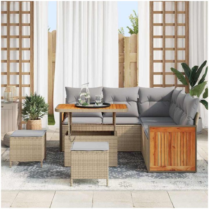 8-delars trädgårdsoffaset med kuddar beige poly Rattan akacia vidaXL Medium – bild 3