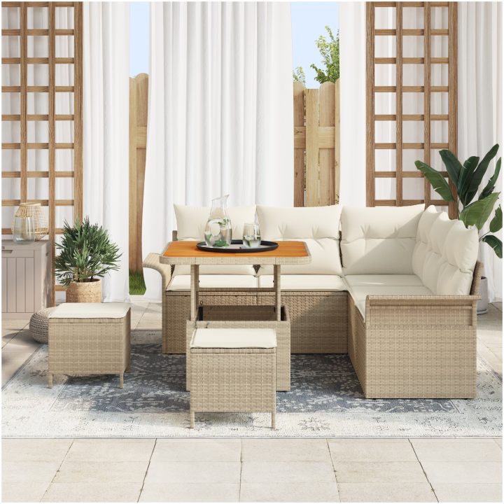 8 Delars Trädgårdsoffaset med Kuddar Beige Poly Rottning Akacia vidaXL Stor – bild 3