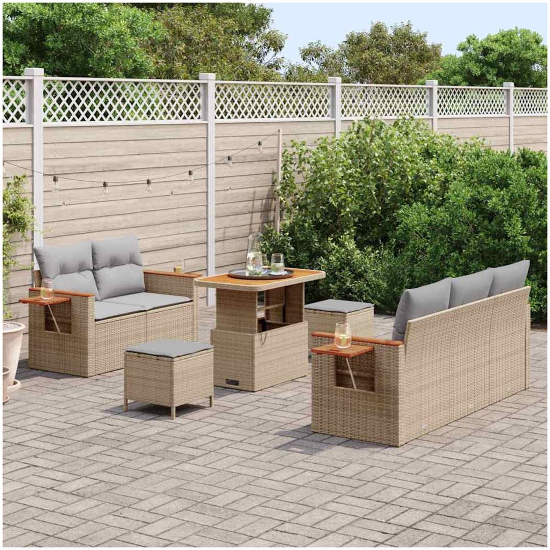 8-delars trädgårdsoffaset med kuddar Beige Polyrotting Akacia vidaXL Medium – bild 3
