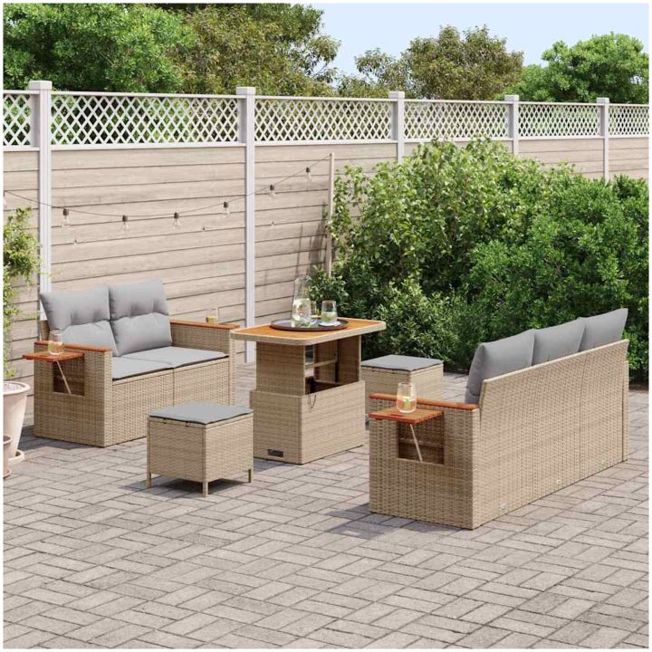 8-delars trädgårdsoffaset med kuddar Beige Polyrotting Akacia vidaXL Medium – bild 3