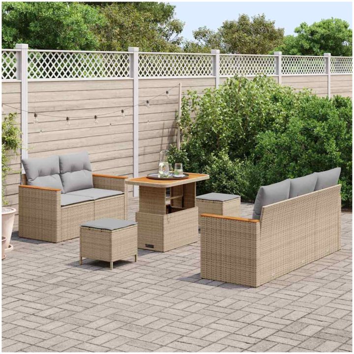 8-delars trädgårdsoffaset med kuddar beige polyrotting vidaXL Medium – bild 3