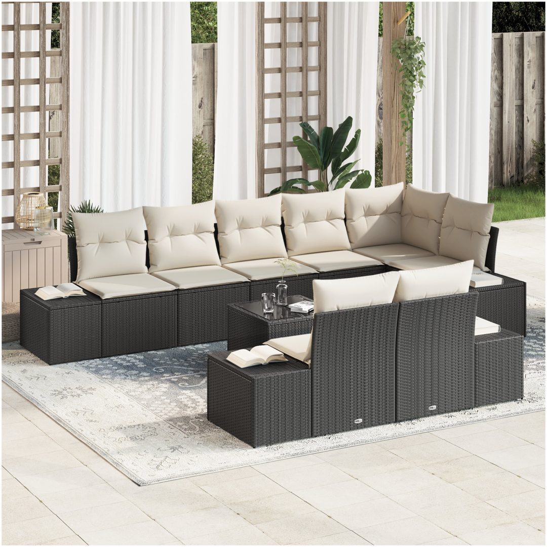 8-delars trädgårdsoffaset med kuddar Brown Poly Rattan vidaXL 55 x 55 x 37 cm