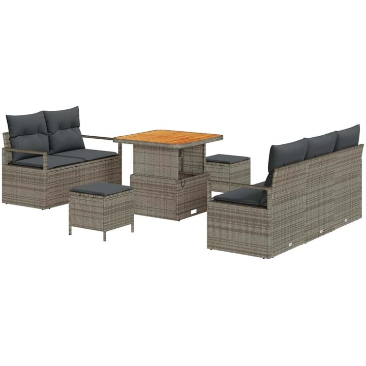8 Delars Trädgårdsoffaset med Kuddar Grå Poly Rattan Akacia vidaXL Medium – bild 2