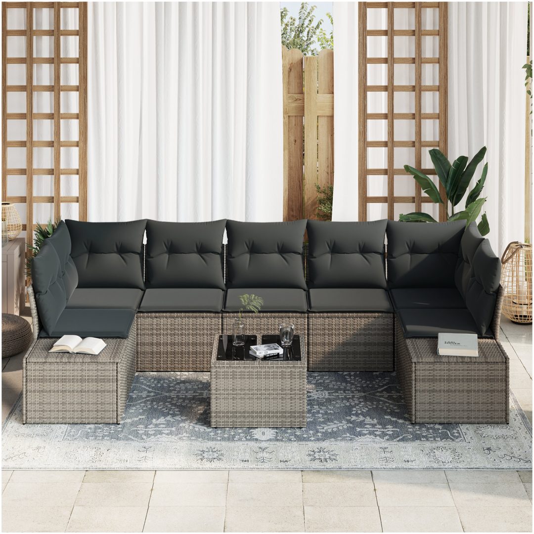 8-delars Trädgårdsoffaset med Kuddar Grå Poly Rattan vidaXL 55 x 55 x 37 cm – bild 3