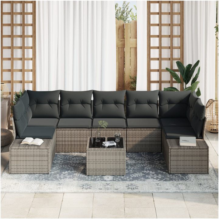 8-delars Trädgårdsoffaset med Kuddar Grå Poly Rattan vidaXL 55 x 55 x 37 cm – bild 3