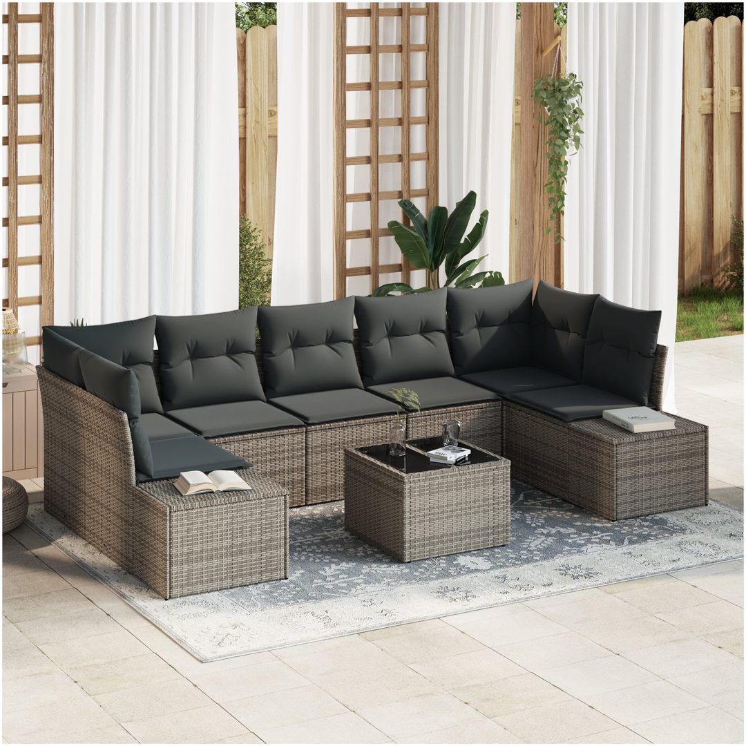 8-delars Trädgårdsoffaset med Kuddar Grå Poly Rattan vidaXL 55 x 55 x 37 cm