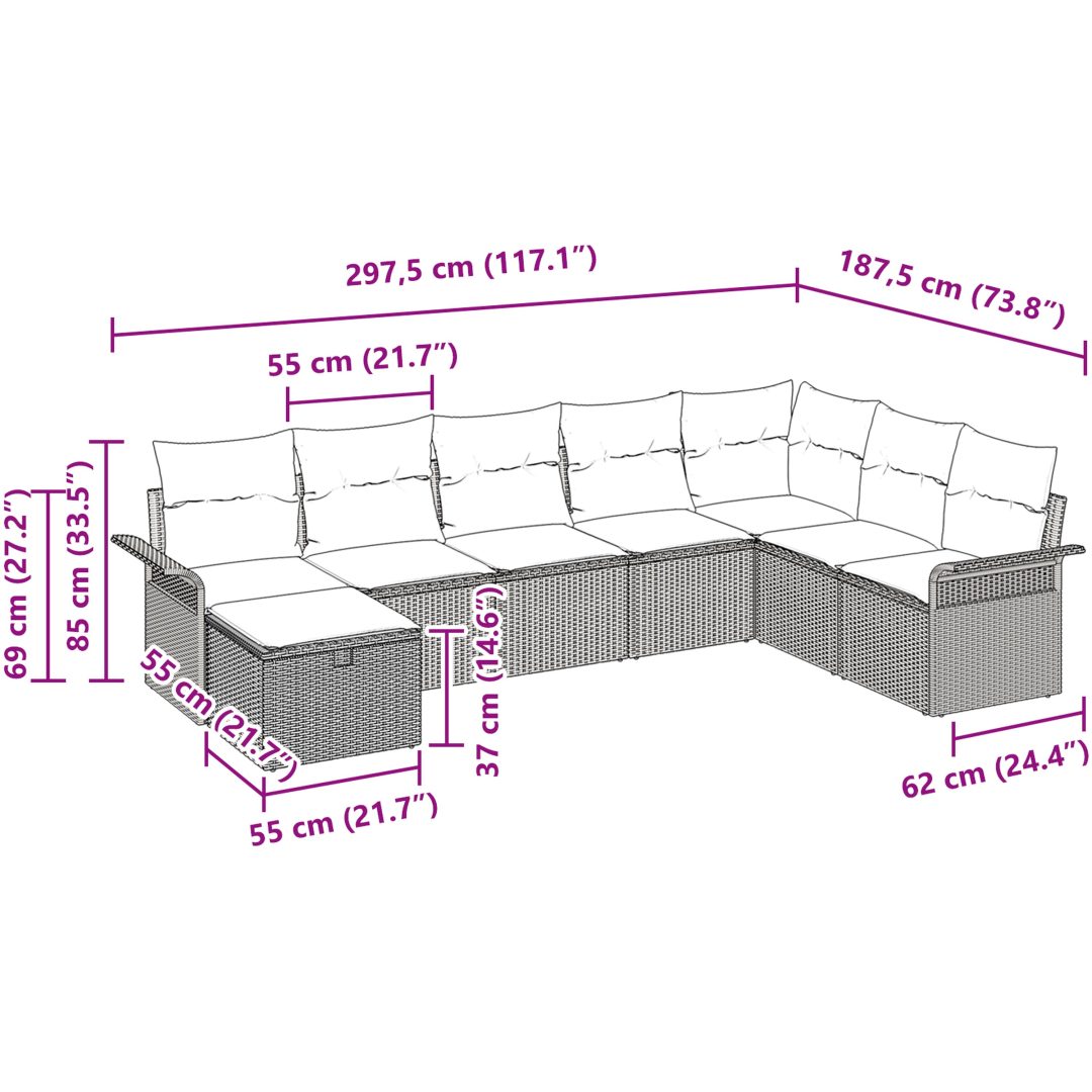 8-delars Trädgårdsoffaset med Kuddar Ljusgrå Poly Rattan vidaXL 297.5 x 187.5 x 85 cm – bild 10