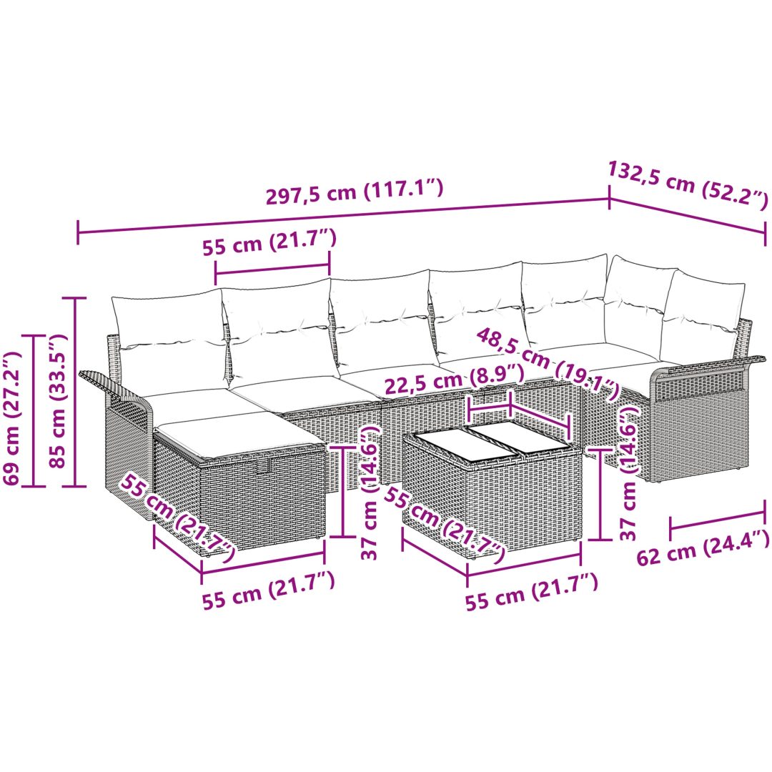 8-delars trädgårdsoffaset med kuddar ljusgrå polyrotting vidaXL 297,5 x 132,5 x 85 cm – bild 11