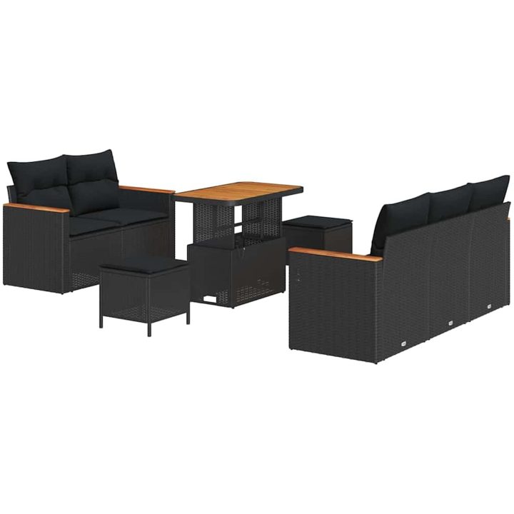 8-delars trädgårdsoffaset med kuddar svart poly rattan acacia vidaXL Standard – bild 2