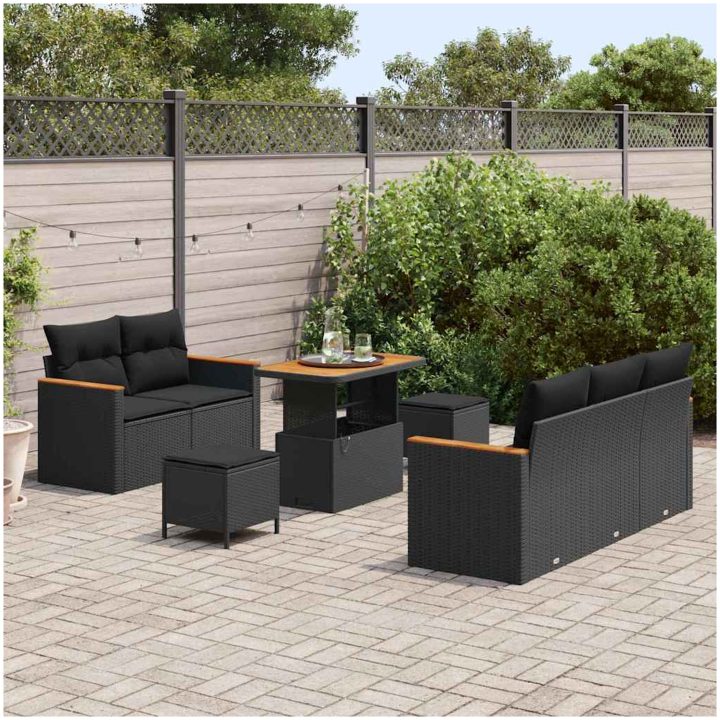 8-delars trädgårdsoffaset med kuddar svart poly rattan acacia vidaXL Standard – bild 3