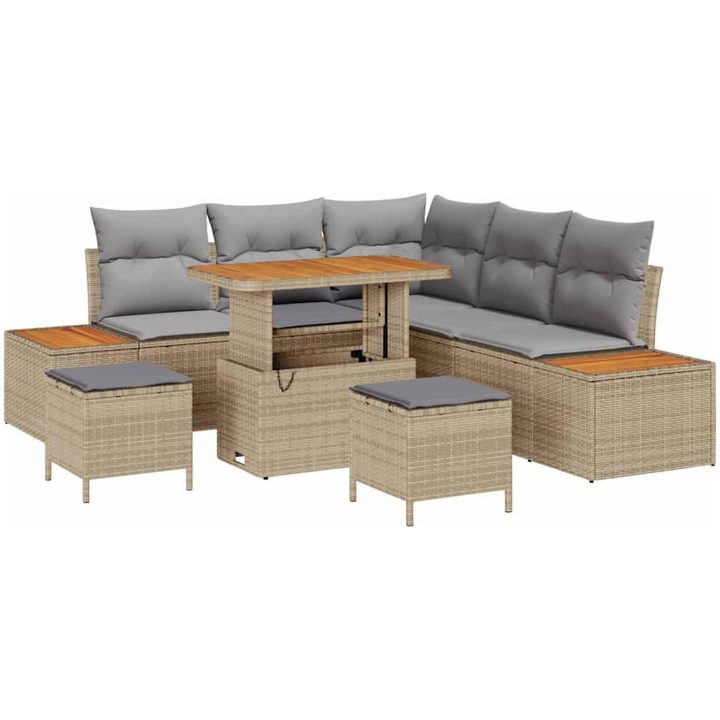 8-delars Trädgårdsoffasett med kuddar Beige Poly Rattan Akacia vidaXL Stor – bild 2