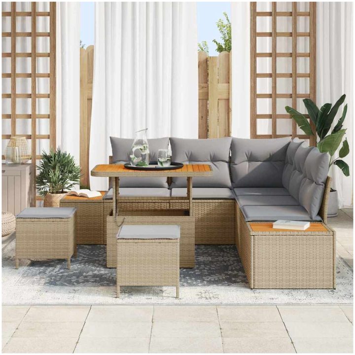 8-delars Trädgårdsoffasett med kuddar Beige Poly Rattan Akacia vidaXL Stor – bild 3