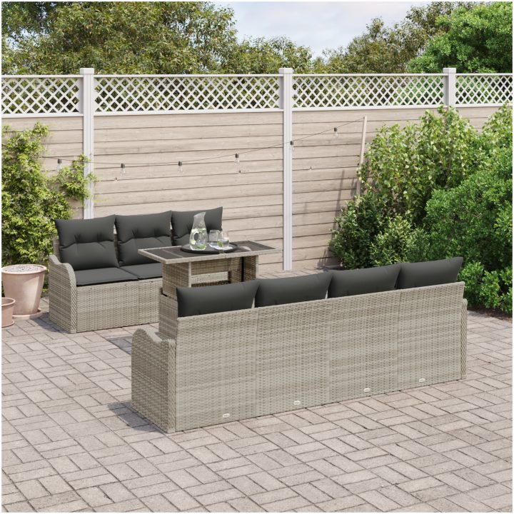 8 Delars Trädgårdsoffasett med Kuddar Ljusgrå Poly Rattan vidaXL Medium – bild 3
