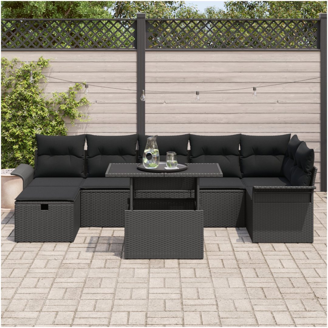 8-delars trädgårdsoffasett med kuddar Svart Poly Rattan vidaXL 100 x 55 x 73 cm – bild 3