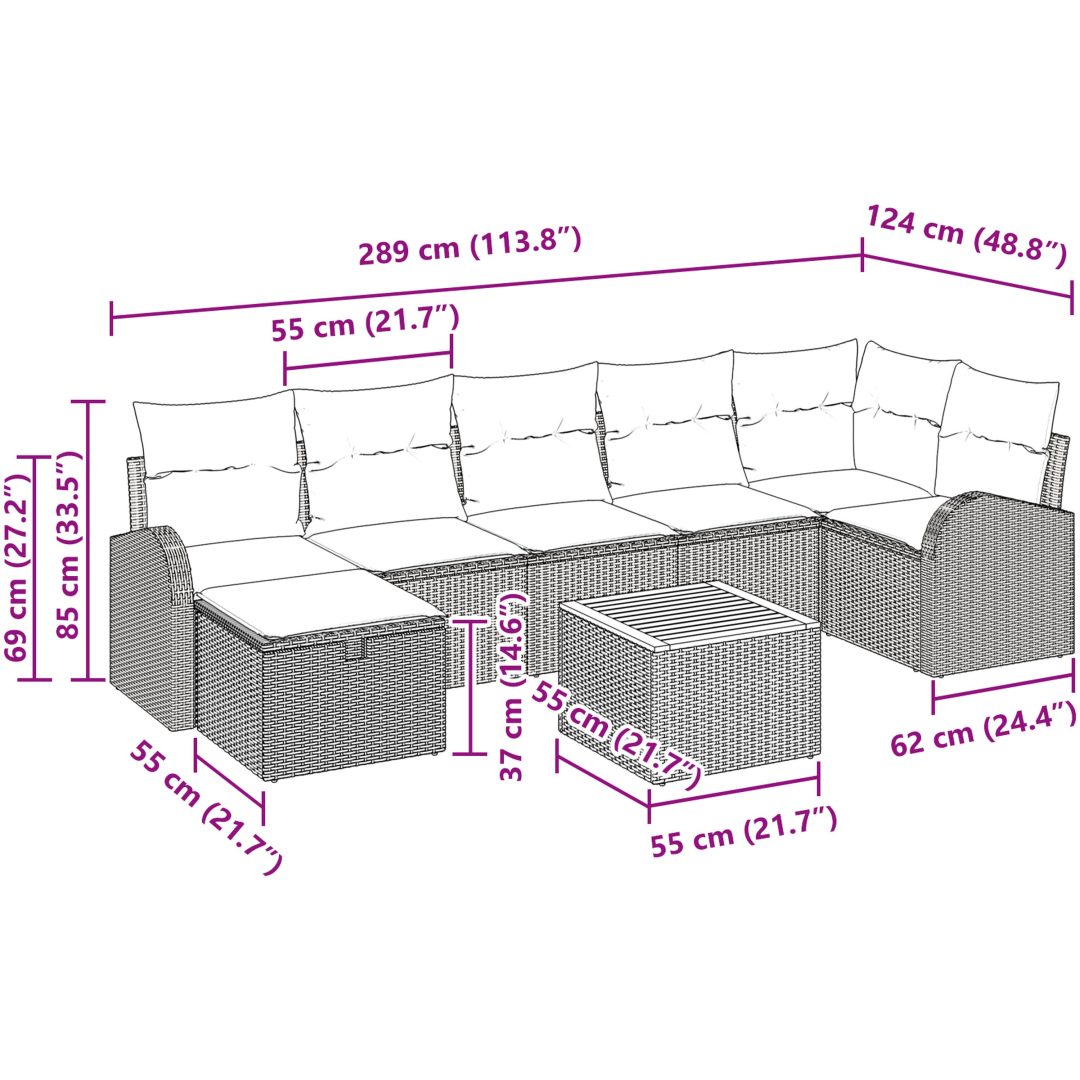 8-delars trädgårdsoffgrupp med kuddar Grå Poly Rattan vidaXL 55 x 55 x 37 cm – bild 11