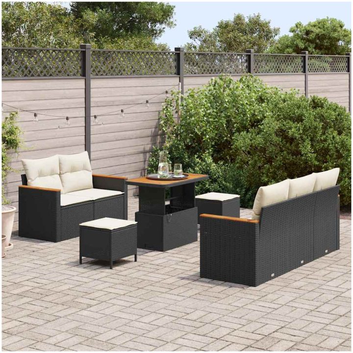 8-delars trädgårdsoffgrupp med kuddar Svart Poly Rattan Akacia vidaXL Medium – bild 3
