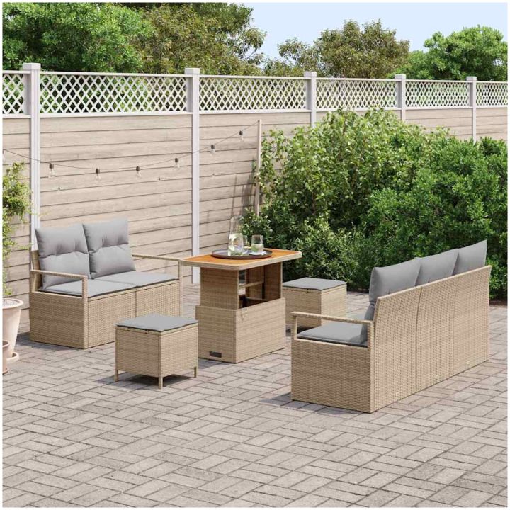 8-delars trädgårdsoffset med kuddar beige poly-rattan akacia vidaXL Standard – bild 3