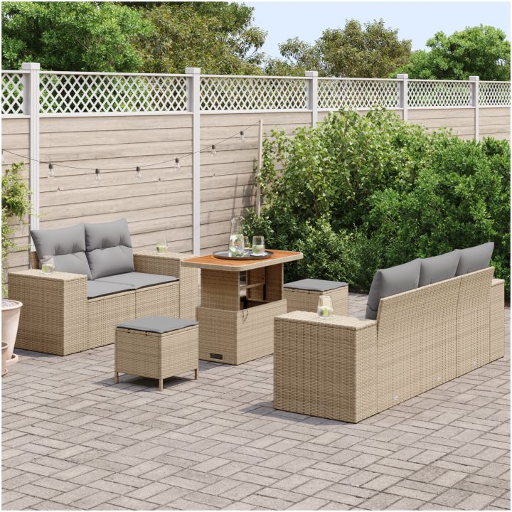 8 Delars Trädgårdsoffset med kuddar Beige Polyrotting Akacia vidaXL Medium – bild 3
