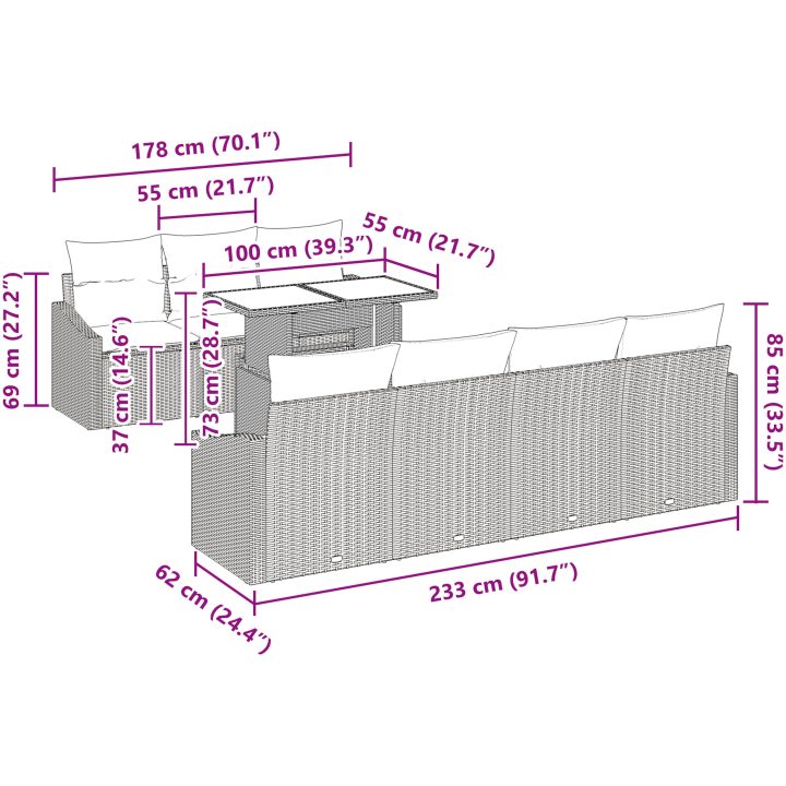 8-delars trädgårdsoffset med kuddar - grå poly-rattan vidaXL 100 x 55 x 73 cm – bild 10