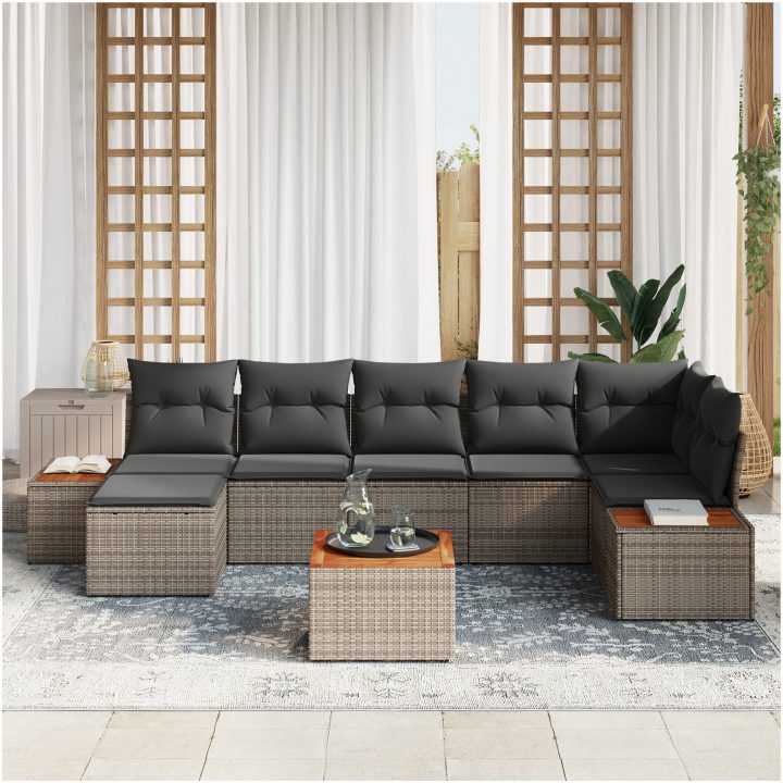 8-delars trädgårdsoffset med kuddar i grå poly rattan och akaciaträ vidaXL 55 x 55 x 37 cm – bild 3