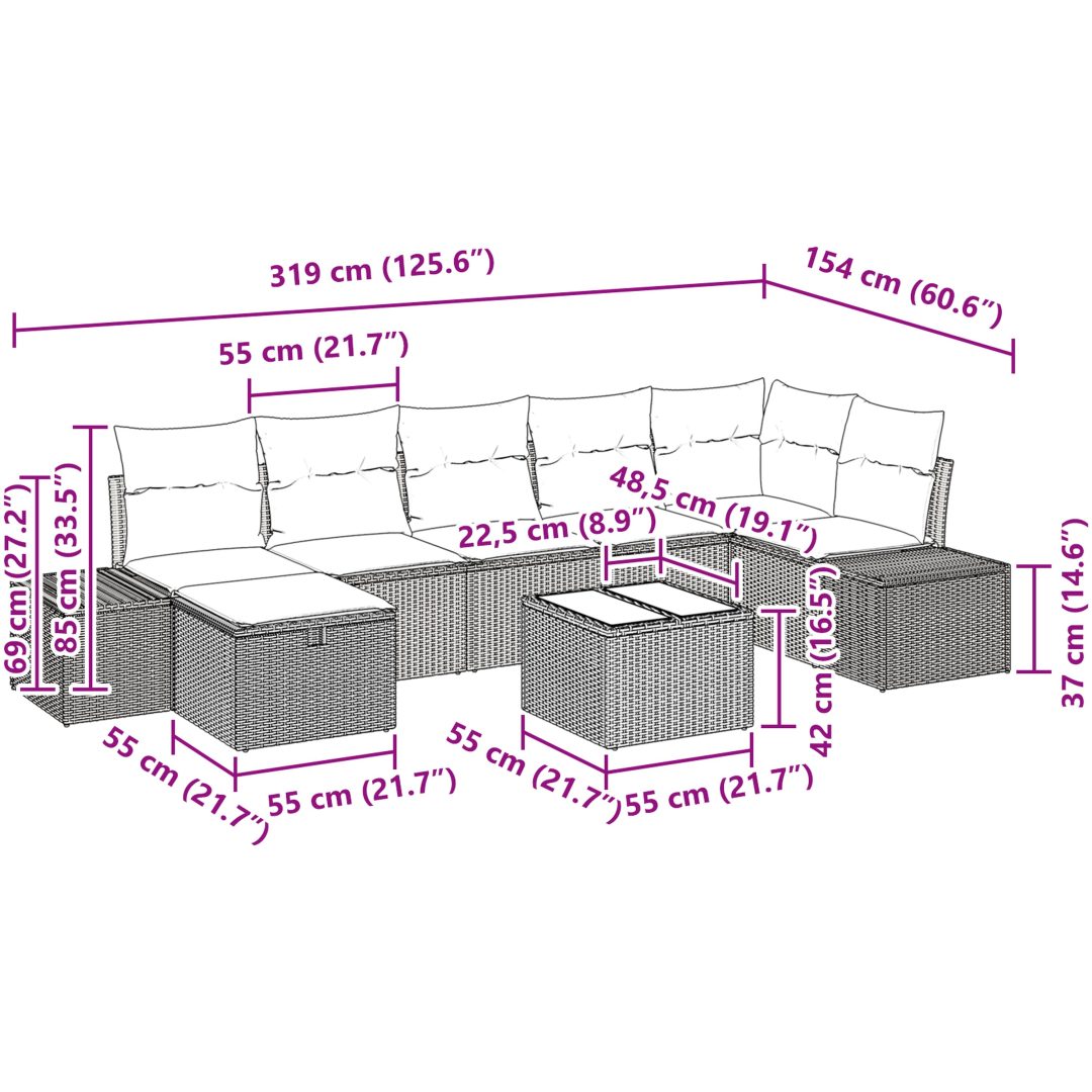8-delars trädgårdsoffset med kuddar i grå poly rattan vidaXL 55 x 55 x 37 cm – bild 11