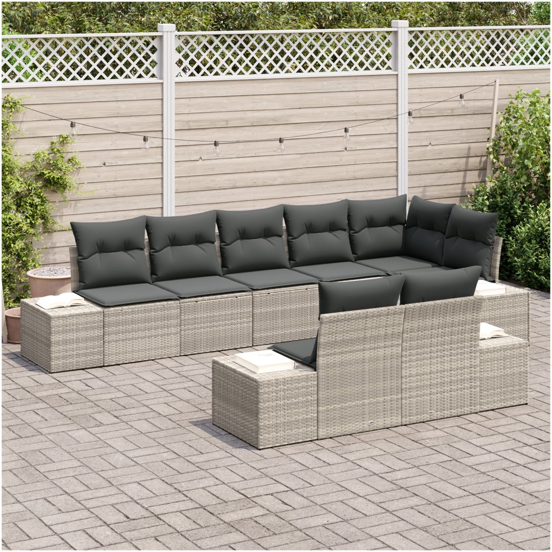 8-delars Trädgårdsoffset med Kuddar Ljusgrå Poly Rattan vidaXL 184 x 62 x 85 cm – bild 3