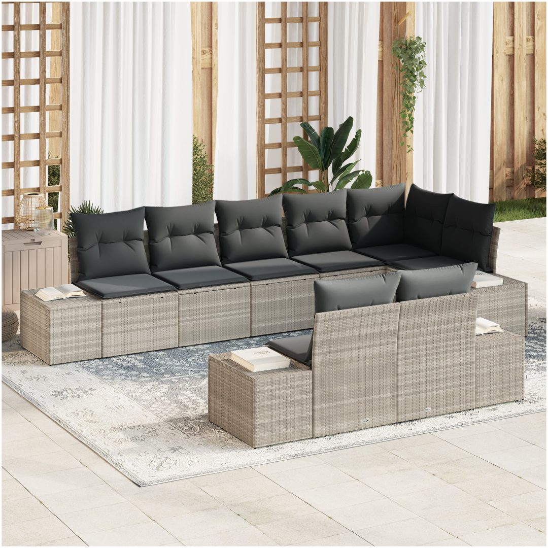 8-delars Trädgårdsoffset med Kuddar Ljusgrå Poly Rattan vidaXL 184 x 62 x 85 cm