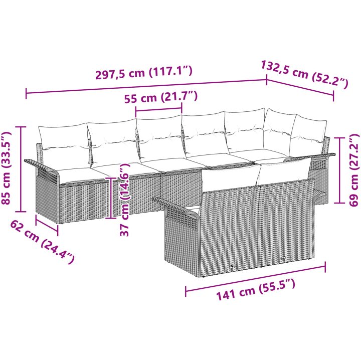 8-delars trädgårdsoffset med kuddar ljusgrå poly rottning vidaXL 297,5 x 132,5 x 85 cm – bild 11