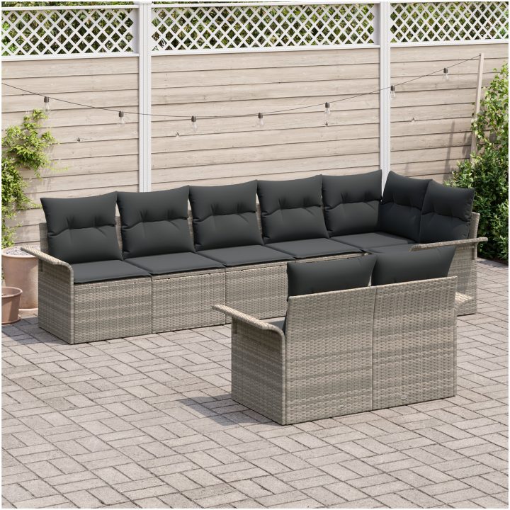 8-delars trädgårdsoffset med kuddar ljusgrå poly rottning vidaXL 297,5 x 132,5 x 85 cm – bild 3